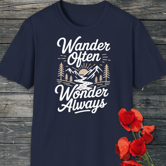 Wander Often T-Shirt featuring a nature graphic and slogan, crafted from soft cotton for comfort and durability, ideal for outdoor enthusiasts.