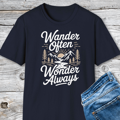 Navy Wander Often T-Shirt with outdoorsy mountain design, placed on wood surface, alongside folded jeans, showcasing its soft, durable, adventure-ready cotton fabric.