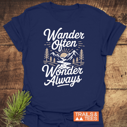 Wander Often T-Shirt featuring a mountain and river graphic, crafted from soft cotton for comfort and durability, perfect for outdoor enthusiasts.