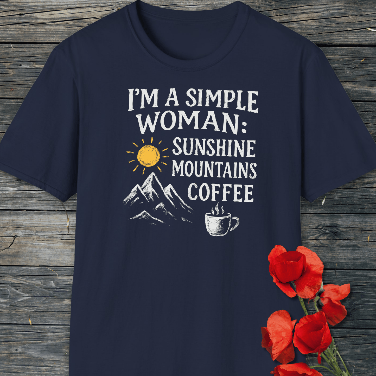 Simple Woman Sunshine T-Shirt featuring sun, mountains, and coffee design on navy-blue fabric, showcasing comfort and durability for outdoor enthusiasts.