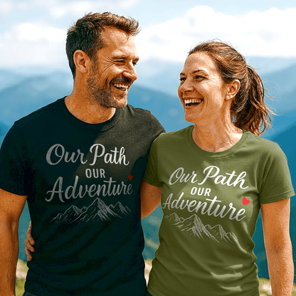 Couple wearing Our Path Our Adventure t-shirts with mountain graphic, standing arm-in-arm on a mountain overlook, showcasing trail-tested comfort and durable design.