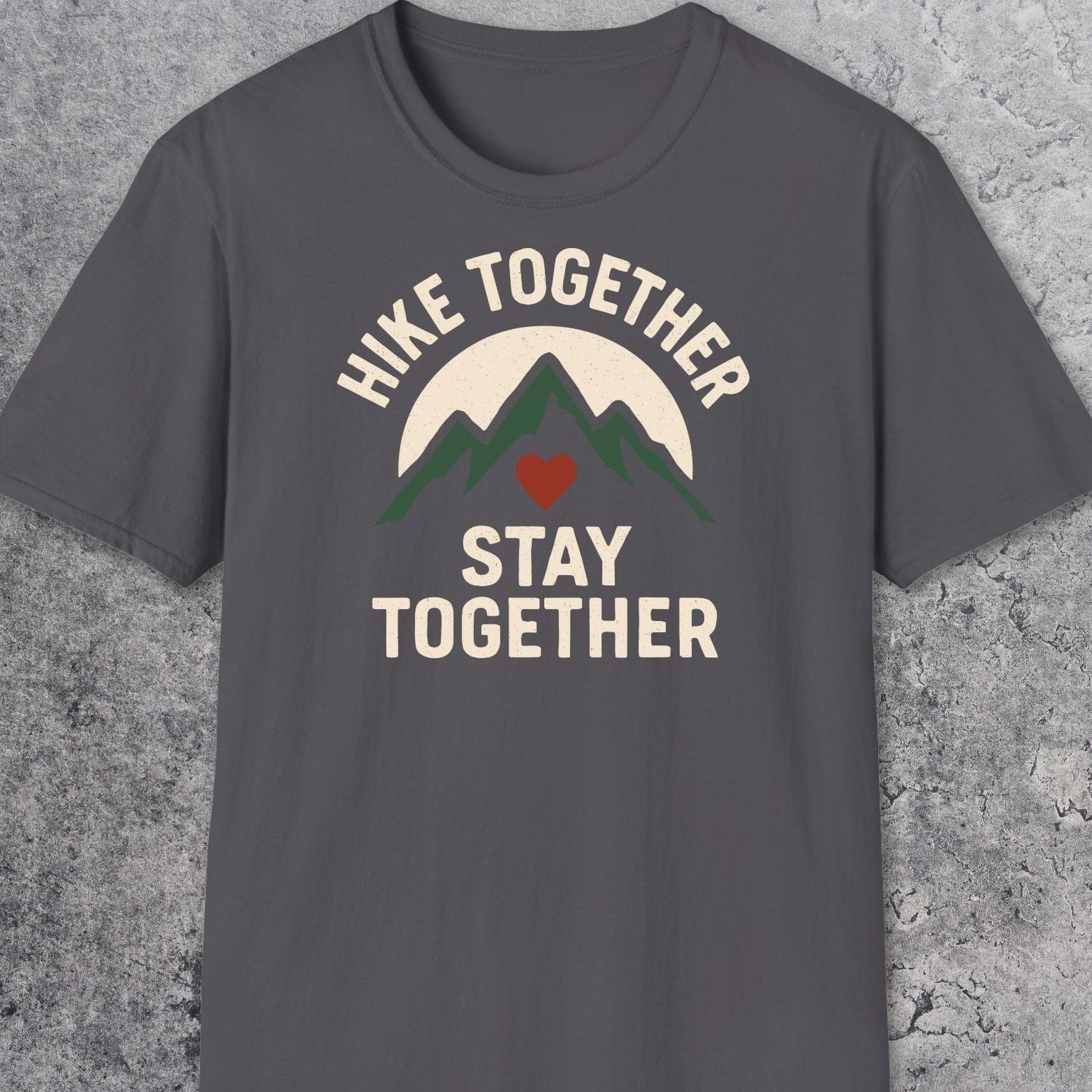 Hike Together Couple T-Shirt with mountain and heart graphic, HIKE TOGETHER, STAY TOGETHER slogan; soft, durable cotton for outdoor enthusiasts.