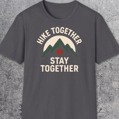 Hike Together Couple T-Shirt with mountain and heart graphic, HIKE TOGETHER, STAY TOGETHER slogan; soft, durable cotton for outdoor enthusiasts.
