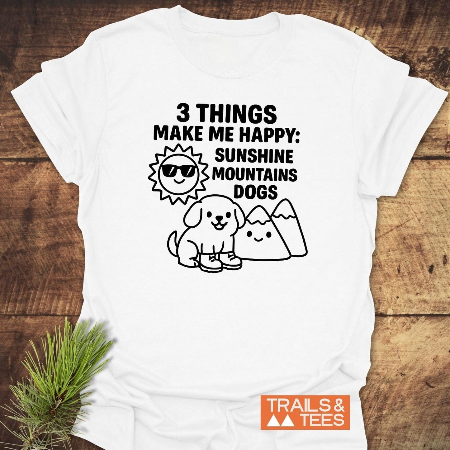 Sunshine Mountains Dogs T-Shirt featuring a fun illustration with sun, dog, and mountains. Made from soft cotton, perfect for outdoor enthusiasts.