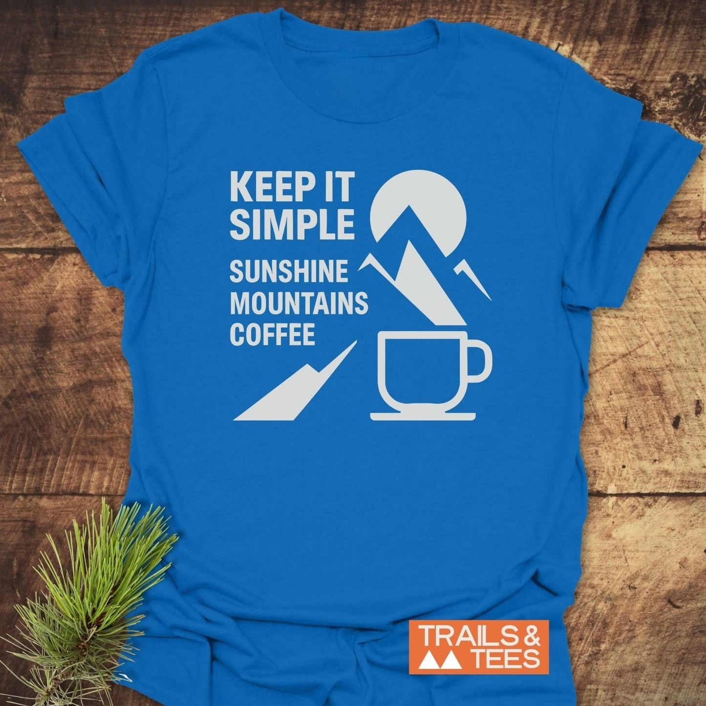Keep It Simple Mountain T-Shirt features a KEEP IT SIMPLE graphic with mountain and coffee icons, crafted from soft cotton for outdoor comfort and adventure.