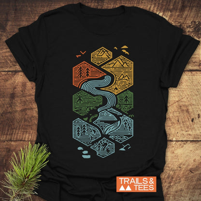 Everything Flows T-Shirt with stacked hexagons featuring outdoor scenes and a river graphic, showcasing durable prints on soft, ring-spun cotton for adventure lovers.