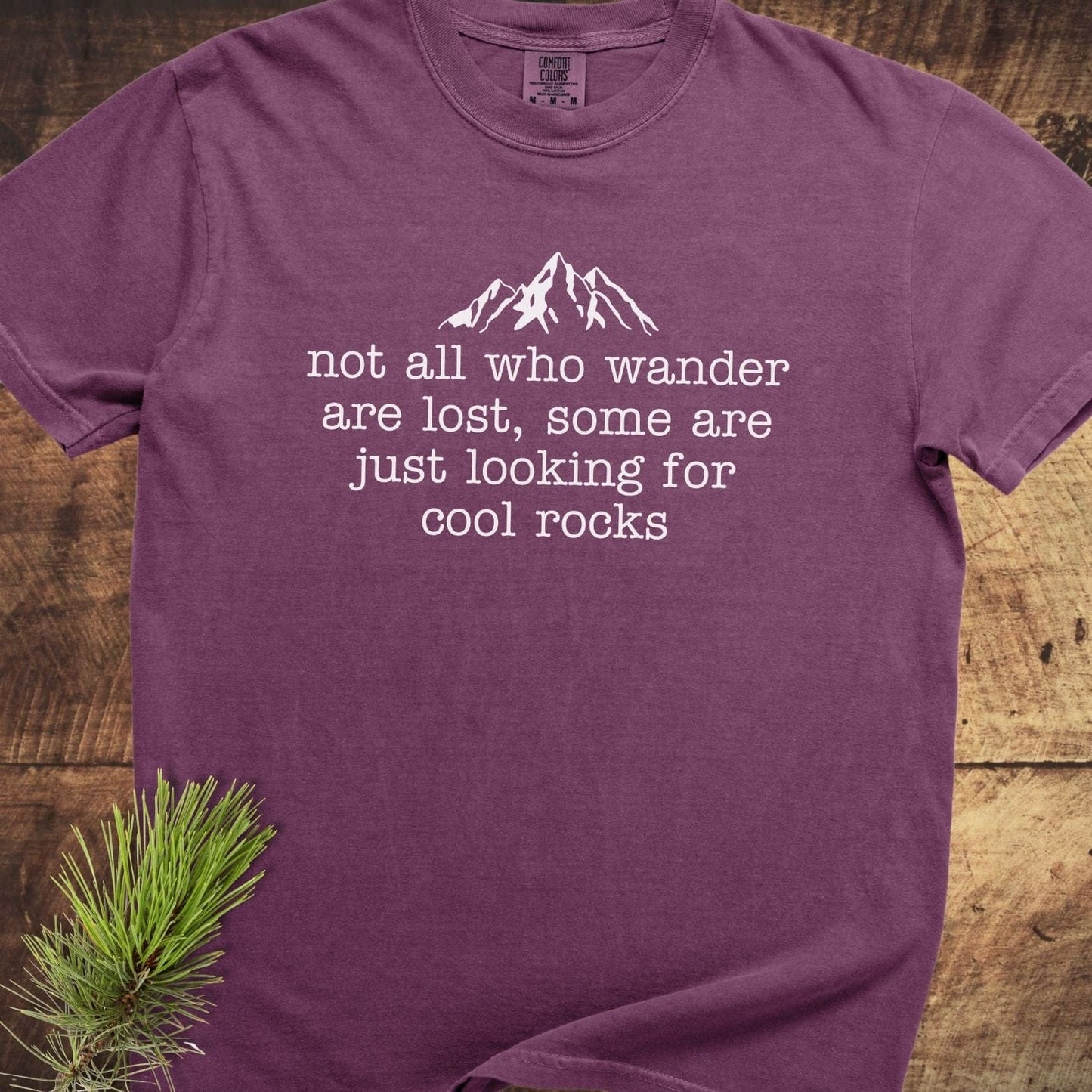 Looking For Cool Rocks Comfort Colors 1717 Tee in plum, featuring a mountain graphic and phrase, styled with pine sprig on a wooden surface.