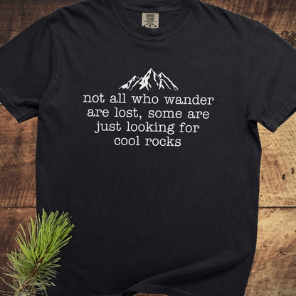 Looking For Cool Rocks Comfort Colors 1717 Tee features a mountain peak design and slogan on a black shirt, highlighting comfort and durability with 100% ring-spun cotton.