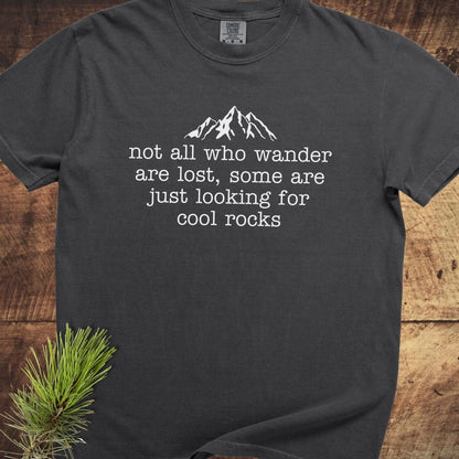 Looking For Cool Rocks Comfort Colors 1717 Tee featuring a mountain range line-drawing and quote, laid flat on a wooden surface with a pine sprig beside it.