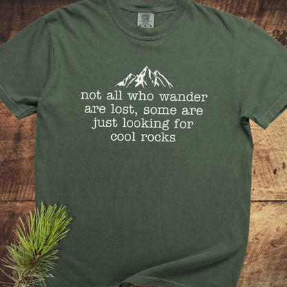 Looking For Cool Rocks Comfort Colors 1717 Tee, olive-green, features a white mountain silhouette and quote on chest; soft-washed, relaxed fit, 100% ring-spun cotton.