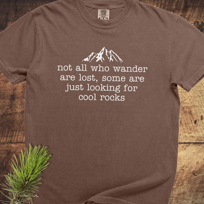 Looking For Cool Rocks Comfort Colors 1717 Tee featuring a mountain graphic and playful text on a brown, short-sleeve shirt with a pine sprig accent.