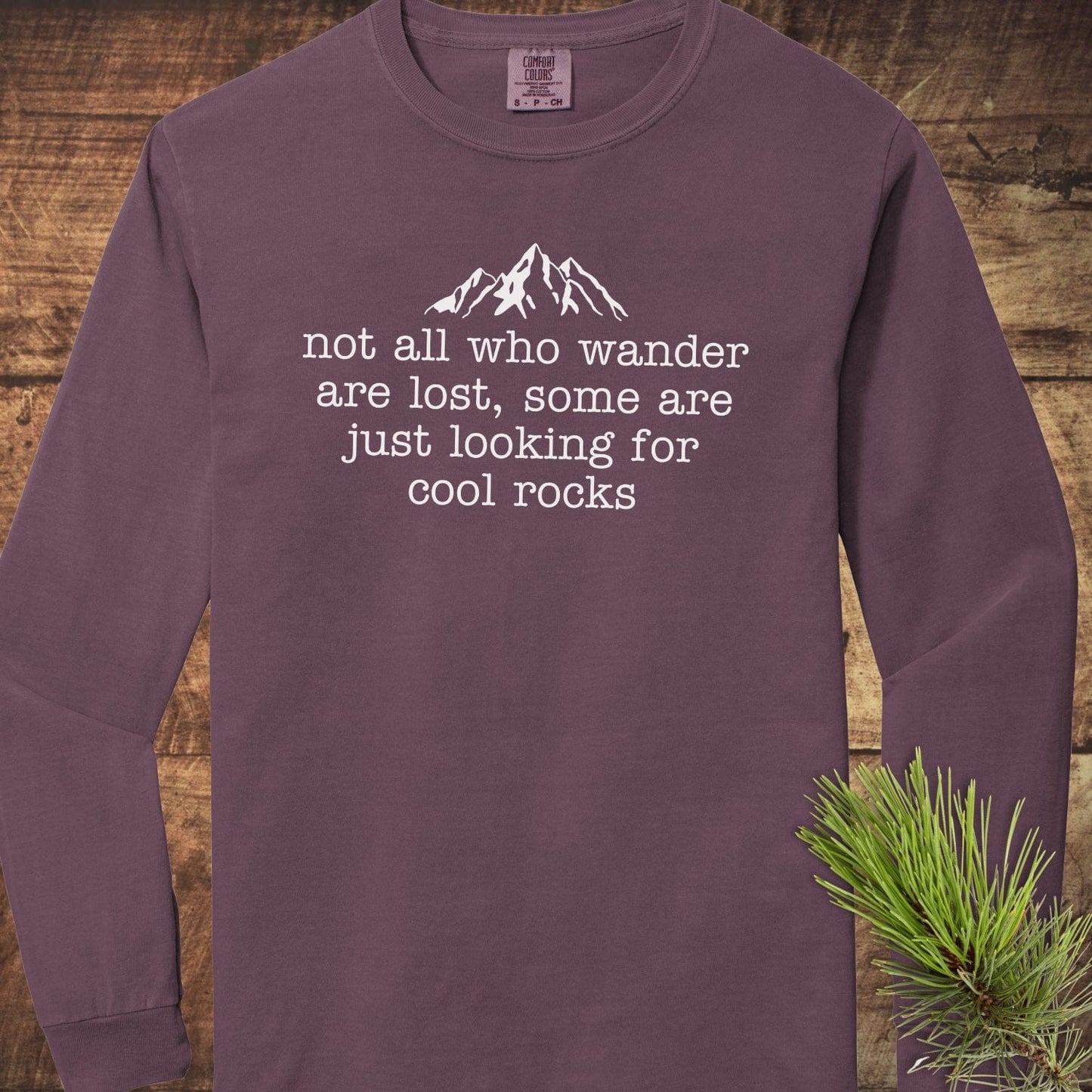 Looking For Cool Rocks Comfort Colors Long-Sleeve Tee with mountain design, showcasing relaxed fit and softness on wooden surface with pine sprig accent.