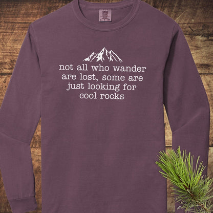 Looking For Cool Rocks Comfort Colors Long-Sleeve Tee with mountain design, showcasing relaxed fit and softness on wooden surface with pine sprig accent.