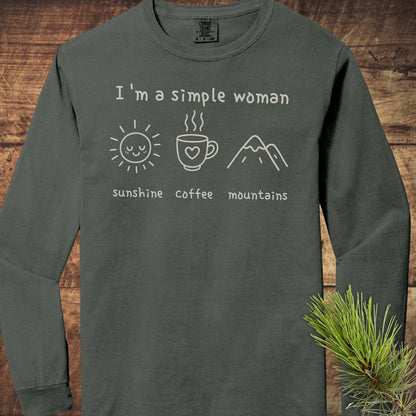I'm A Simple Woman Comfort Colors Long-Sleeve Tee featuring 'sunshine, coffee, mountains' icons, 100% ring-spun cotton, relaxed fit for casual comfort.