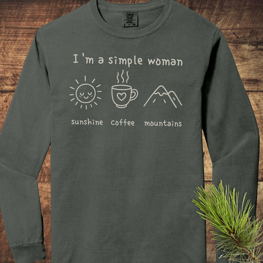 I'm A Simple Woman Comfort Colors Long-Sleeve Tee featuring 'sunshine, coffee, mountains' icons, 100% ring-spun cotton, relaxed fit for casual comfort.
