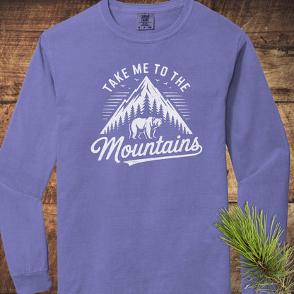 Copy of Mountain Energy Comfort Colors Long-Sleeve Tee with white mountain and bear graphic, relaxed fit, 100% cotton, garment-dyed for softness.