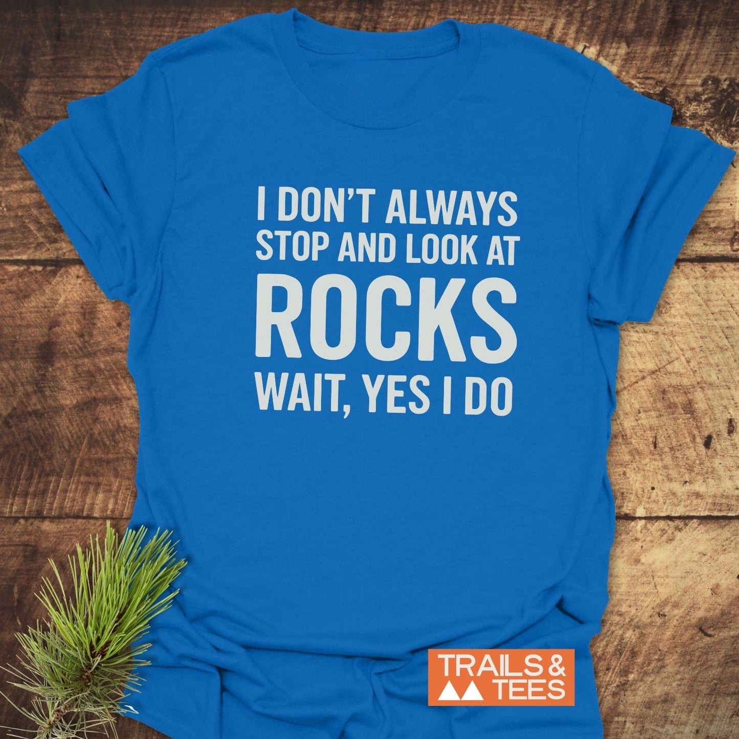 I Don't Always... Rock Lover T-Shirt on a wooden surface with a “TRAILS & TEES” logo and pine sprig beside it, highlighting rock-themed humor.