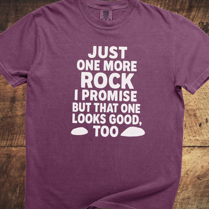 Just One More Rock Funny Comfort Colors 1717 Tee featuring a white slogan and rock silhouettes on a purple T-shirt, showcasing a relaxed fit and durable stitching.