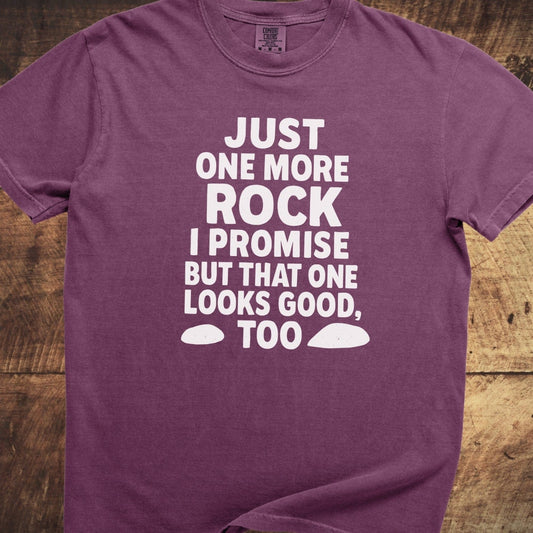Just One More Rock Funny Comfort Colors 1717 Tee featuring a white slogan and rock silhouettes on a purple T-shirt, showcasing a relaxed fit and durable stitching.