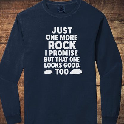Just One More Rock Comfort Colors Long-Sleeve Tee featuring a white slogan and rock silhouettes, highlighting its soft, garment-dyed, 100% ring-spun cotton fabric.