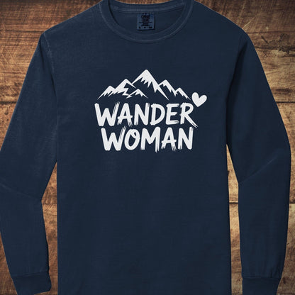 Navy-blue long-sleeve tee with WANDER WOMAN and mountain graphic, made from 100% ring-spun cotton for comfort and style.