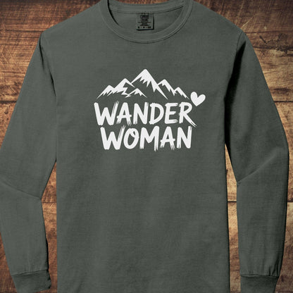 Wander Woman Comfort Colors Long-Sleeve Tee with mountain graphic and slogan, made of soft 100% ring-spun cotton, relaxed fit for casual comfort.