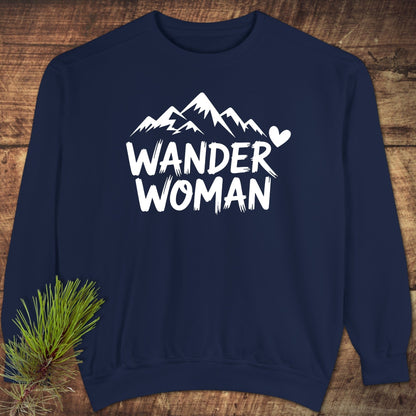 Navy-blue WANDER WOMAN sweatshirt featuring mountain silhouette, heart design, on soft, relaxed-fit fabric with ring-spun cotton blend for luxurious comfort.