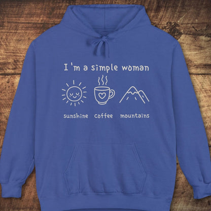 I'm A Simple Woman Comfort Colors Hoodie featuring a white graphic with icons of a sun, coffee, and mountains on a soft, laid-back unisex fit.