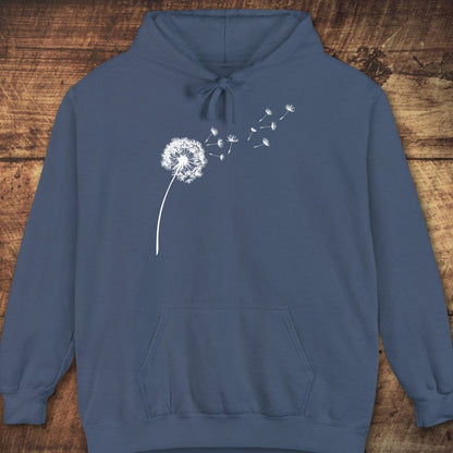 Dandelion Comfort Colors Hoodie featuring a white dandelion graphic, drawstring hood, and kangaroo pocket, perfect for layering with a relaxed unisex fit.