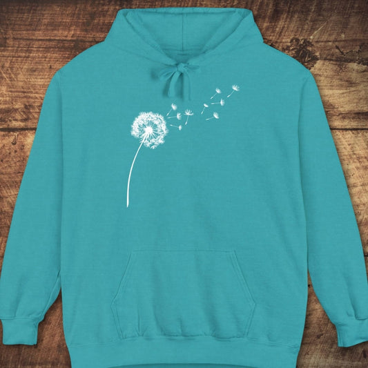 Dandelion Comfort Colors Hoodie with a dandelion silhouette, kangaroo pocket, and drawstrings, laid flat. Garment-dyed for a relaxed, vintage look.
