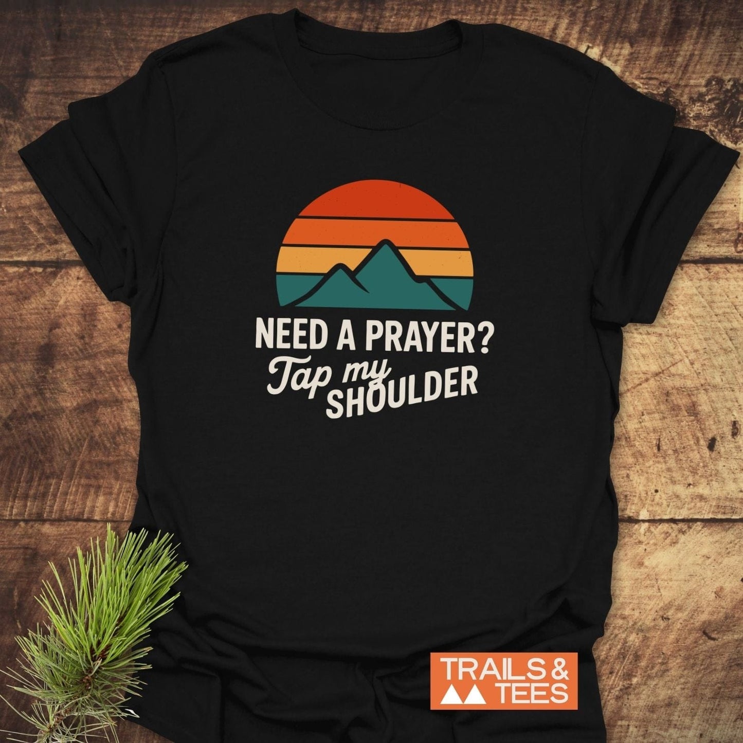 Tap My Shoulder Mountain T-Shirt featuring retro mountain peaks and sunset graphic, crafted from soft cotton for comfort and adventure.