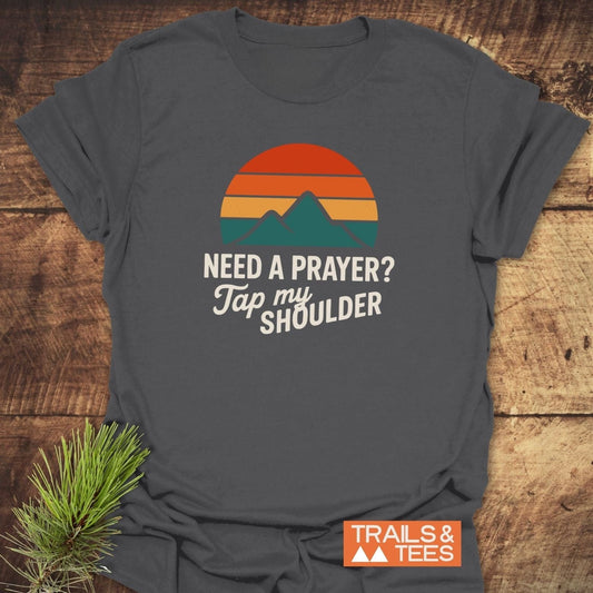 Tap My Shoulder Mountain T-Shirt with retro sunset and peaks graphic, highlighting outdoor adventure spirit. Soft, durable, pre-shrunk cotton ensures comfort and lasting fit.