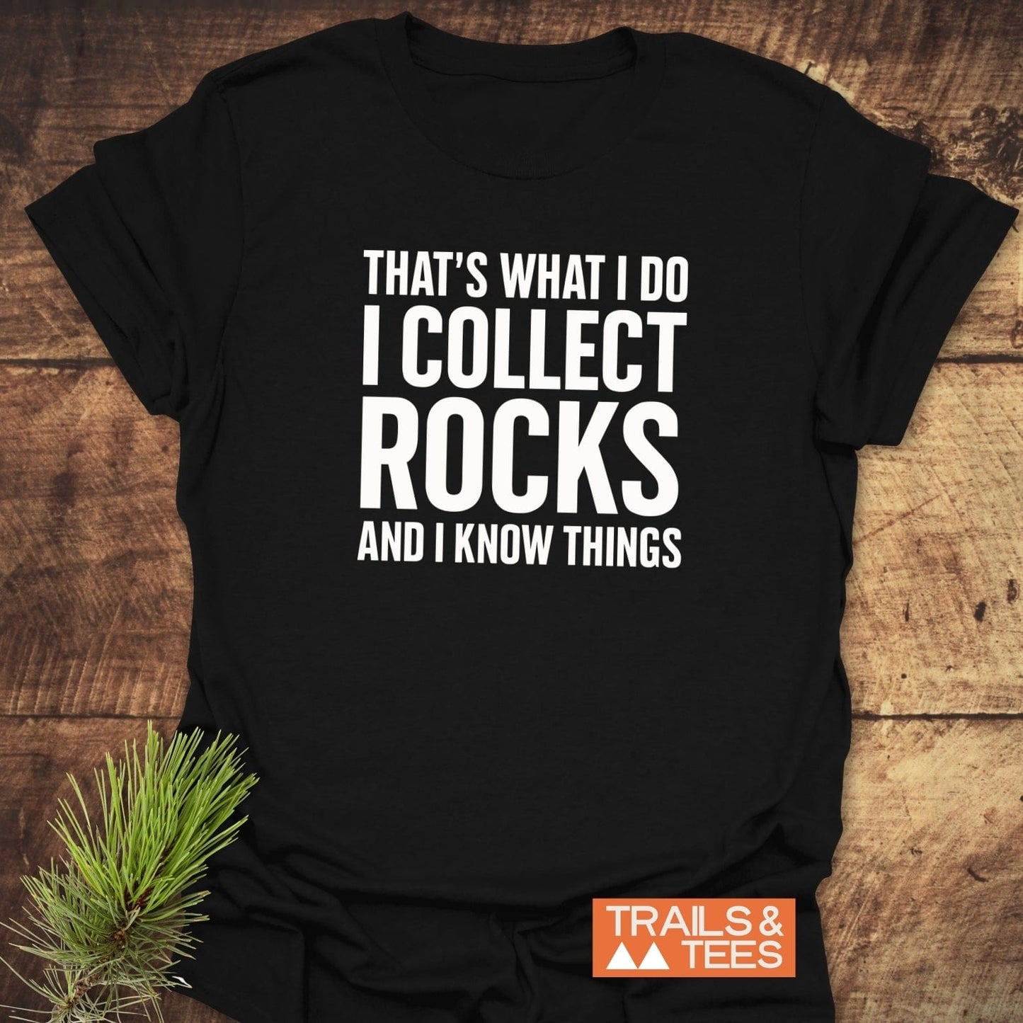 Black I Collect Rocks T-shirt with bold white text, featuring durable prints and a small pine sprig, highlighting Trails & Tees' outdoor-inspired design.