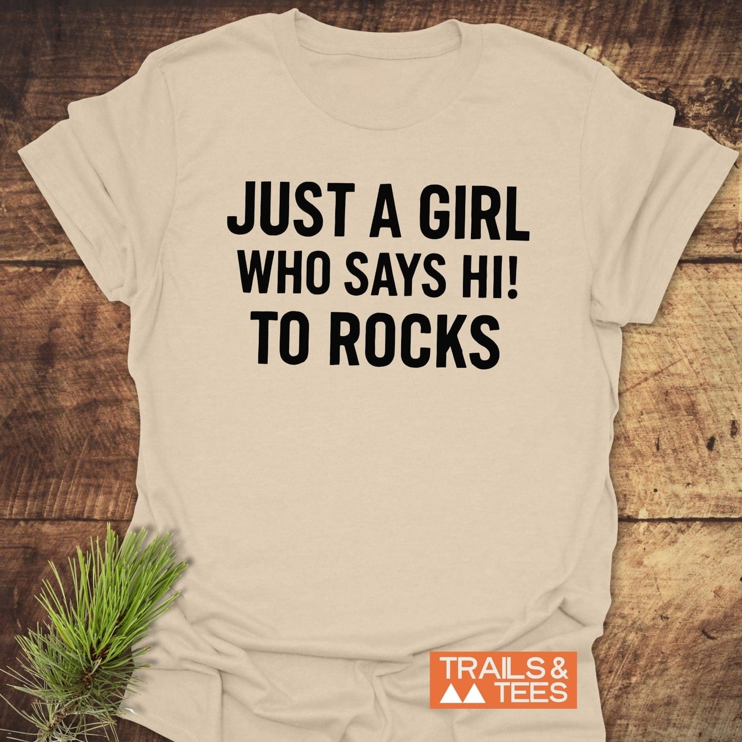 Say Hi To Rocks T-Shirt on rustic wood, featuring bold black text. Made from soft, durable ring-spun cotton, perfect for outdoor enthusiasts.