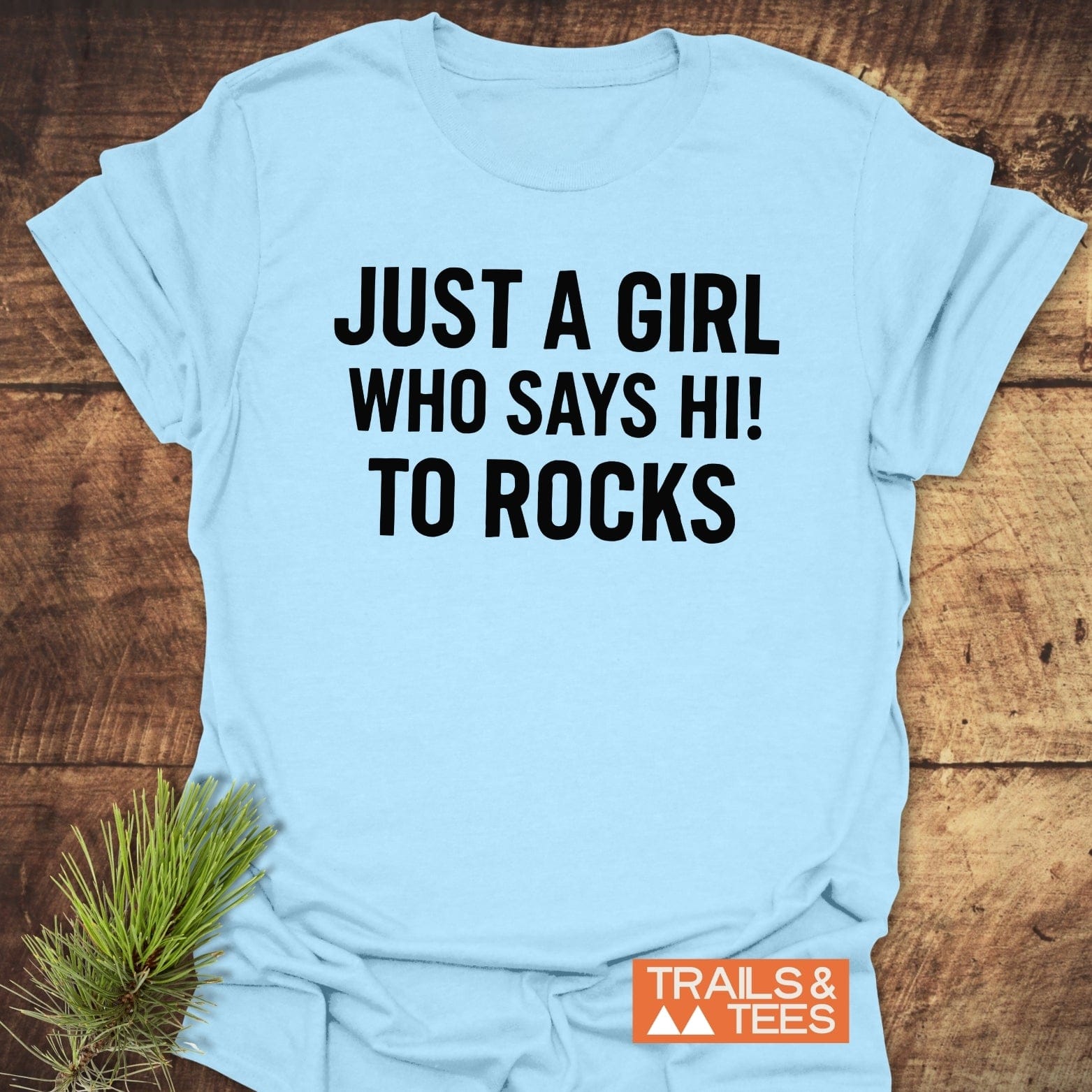 Say Hi To Rocks T-Shirt featuring bold text and Trails & Tees logo, laid on wood. Made from soft cotton, pre-shrunk for comfort, and durable print.