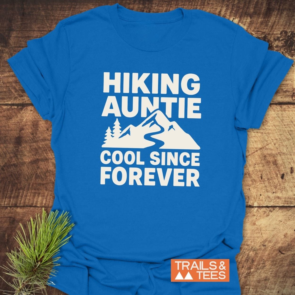 Hiking Auntie T-Shirt featuring a mountain graphic and slogan, crafted from soft cotton, laid on wood with pine accent, logo TRAILS & TEES visible.