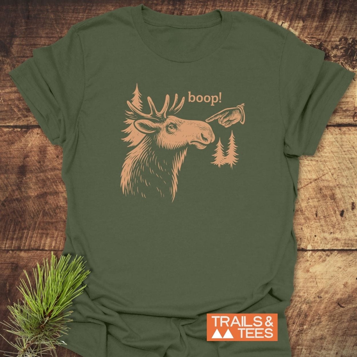 BOOP Moose Funny T-Shirt featuring a vintage-style moose print with boop! text; crafted from soft, durable cotton, ideal for outdoor enthusiasts.