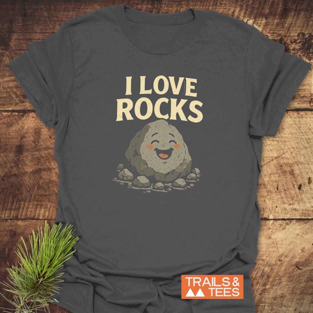 I Love Rocks T-Shirt with a cartoon rock design, crafted from soft ring-spun cotton. Features durable print, promoting outdoor adventure and comfort.