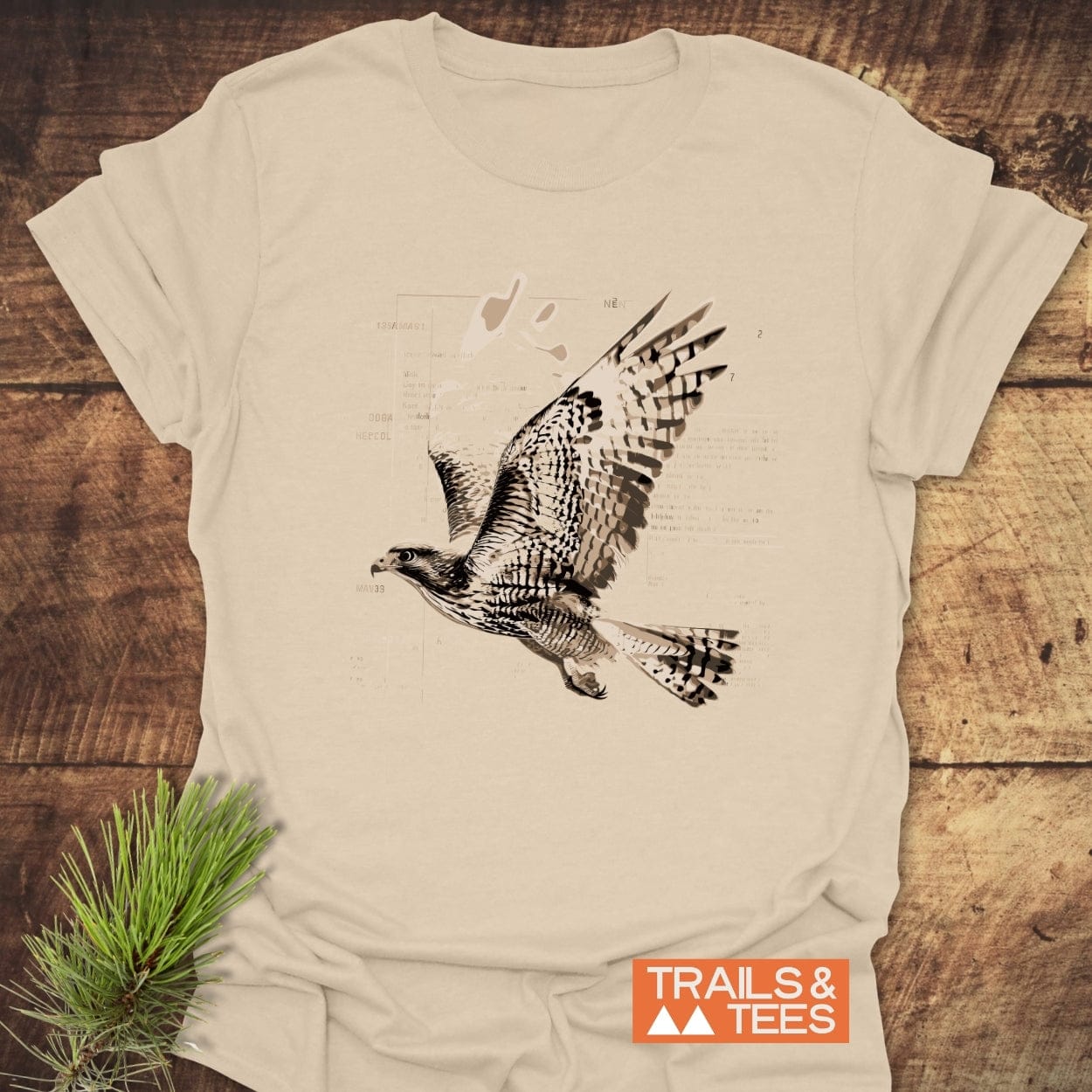 Bird Nerd T-Shirt featuring a hawk illustration, crafted from soft ring-spun cotton, ideal for outdoor adventures. Includes Trails & Tees logo.
