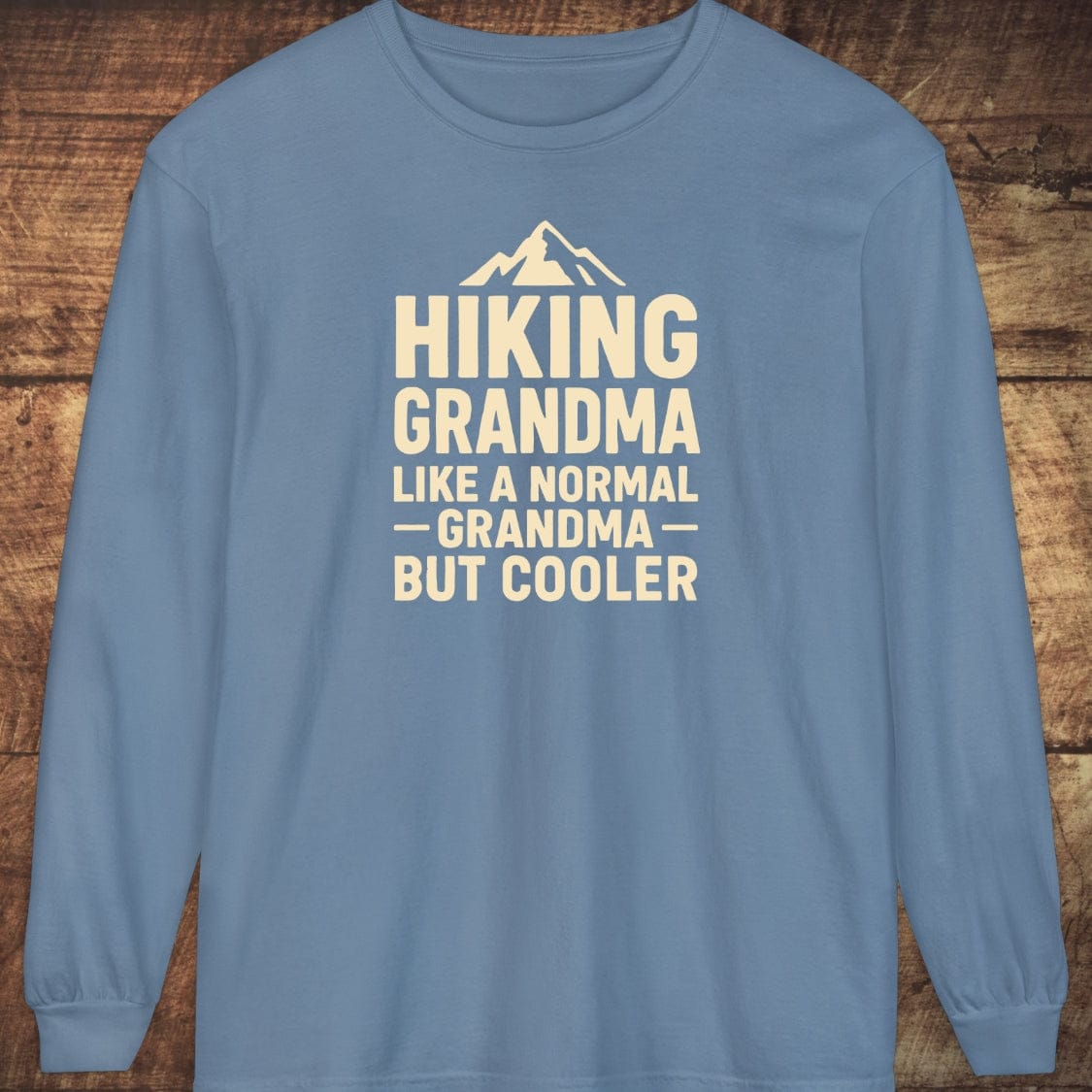 Hiking Grandma Comfort Colors Long-Sleeve Tee with mountain graphic and bold text, made from soft 100% ring-spun cotton for a relaxed fit.
