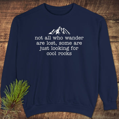 Navy-blue crewneck sweatshirt with mountain graphic and not all who wander quote, styled on wood. Featuring relaxed fit and luxurious, garment-dyed fabric.