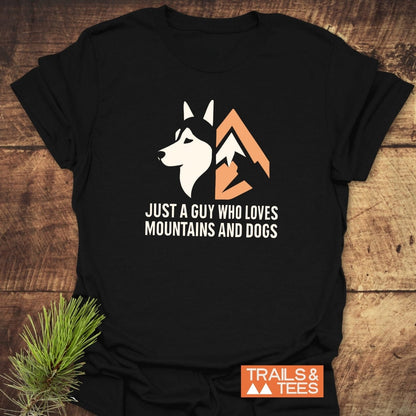 Mountain And Dog Love T-Shirt featuring a husky and mountain graphic, bold text, crafted from soft cotton for outdoor enthusiasts. Includes TRAILS & TEES logo.