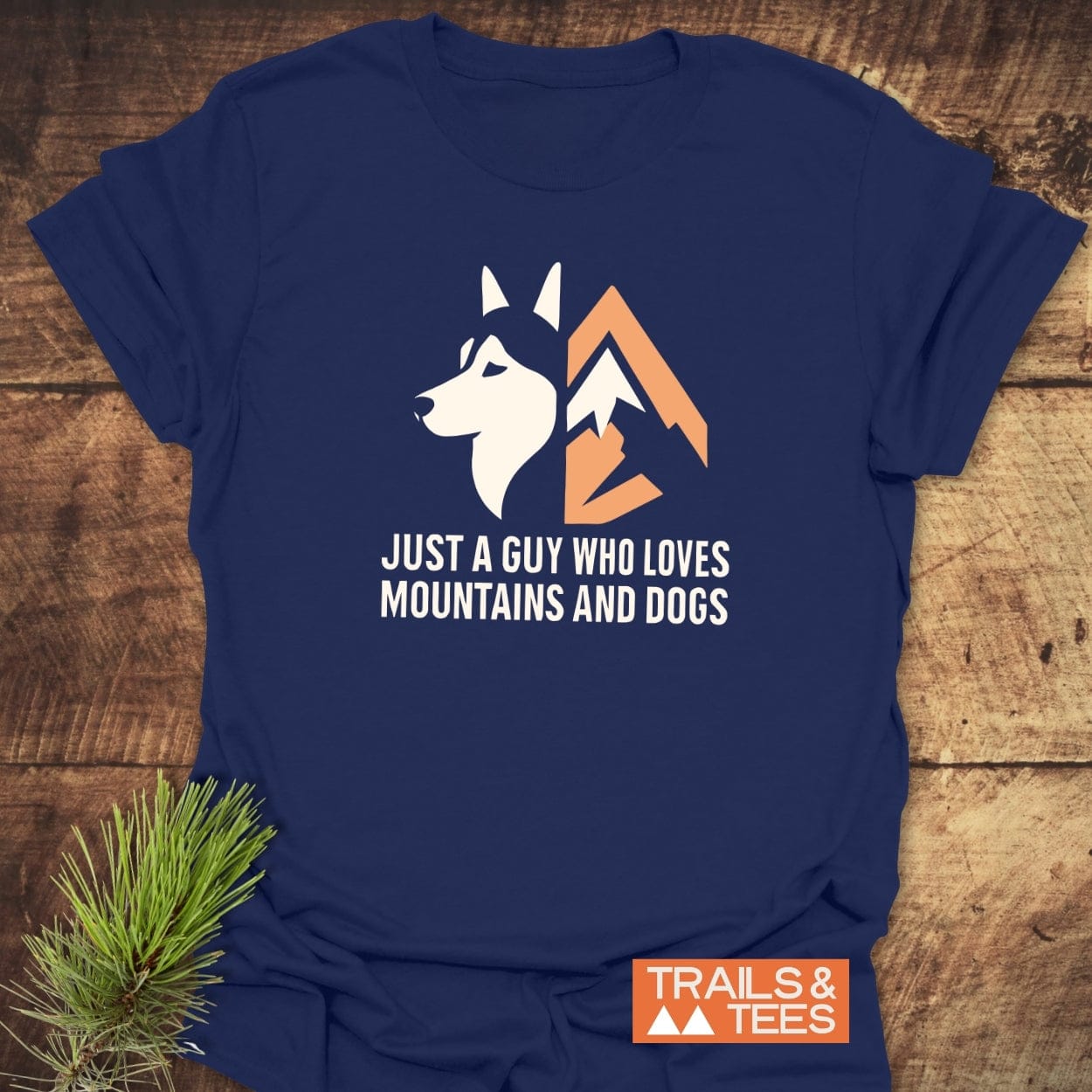Mountain And Dog Love T-Shirt features a husky-mountain graphic and slogan on navy-blue cotton, emphasizing comfort and outdoor adventure.
