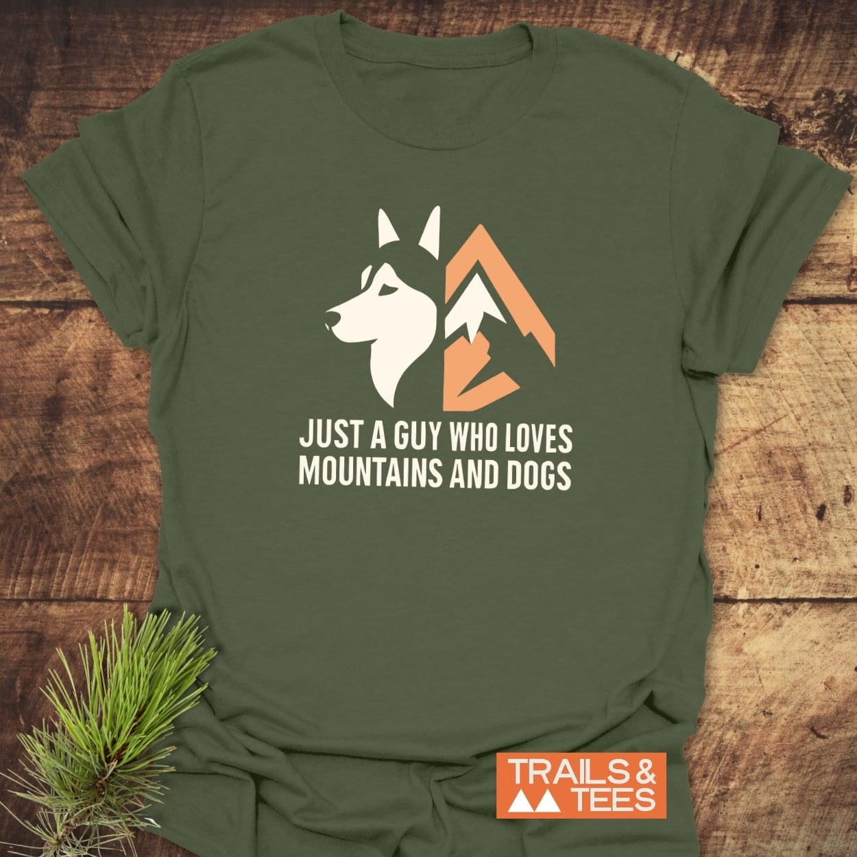 Mountain And Dog Love T-Shirt featuring a husky silhouette and mountain graphic with text, made from soft, durable cotton for outdoor enthusiasts.