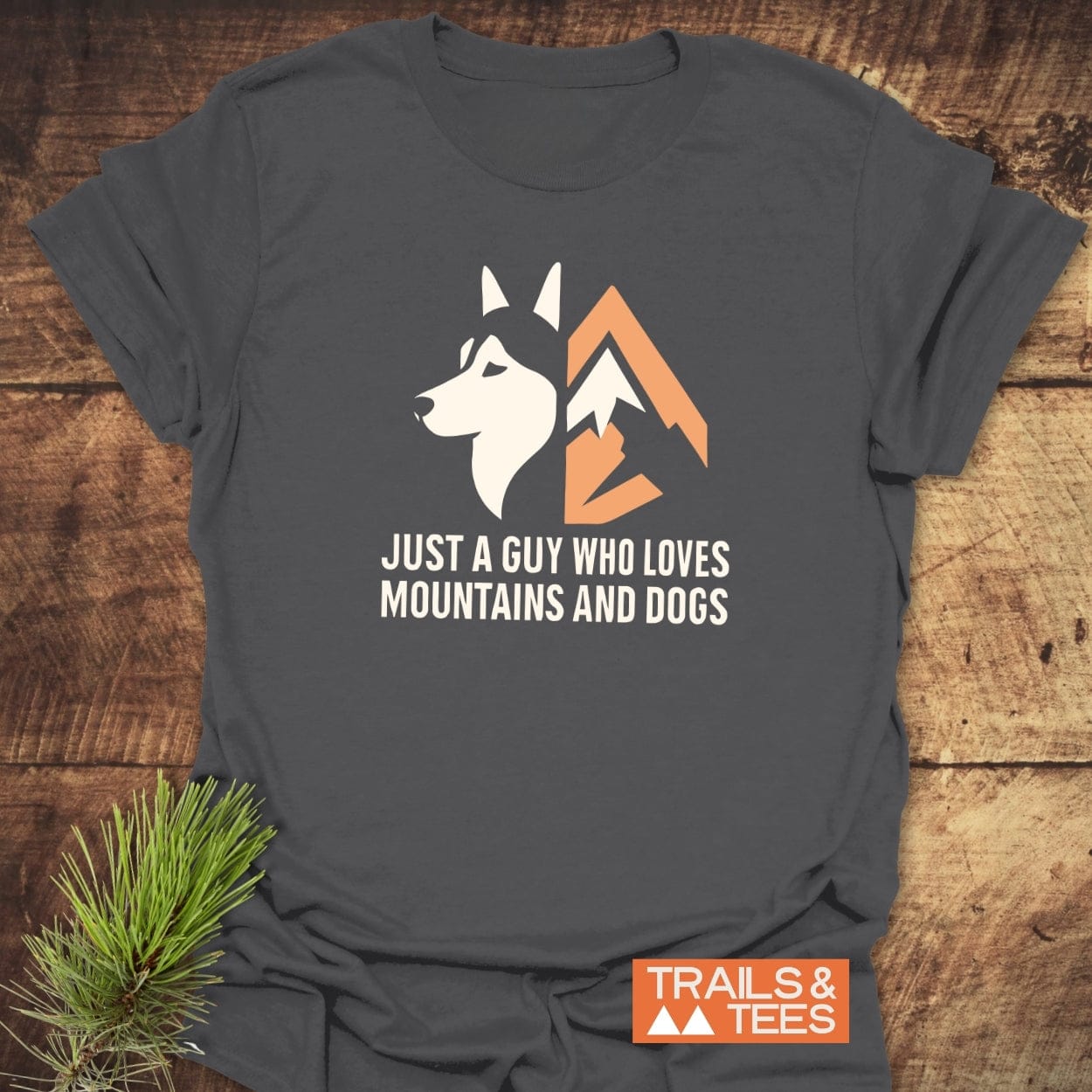 Mountain And Dog Love T-Shirt featuring husky-mountain graphic and caption. Soft, lightweight cotton, pre-shrunk, durable print, designed by Trails & Tees.