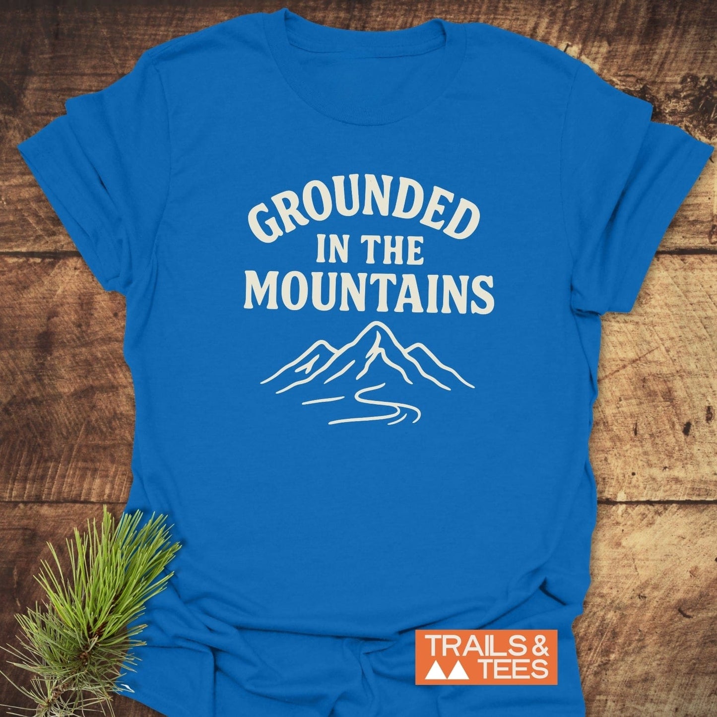 Grounded In The Mountains T-Shirt featuring a white mountain graphic and slogan on blue fabric, with TRAILS & TEES logo, displayed on wood alongside pine sprig.