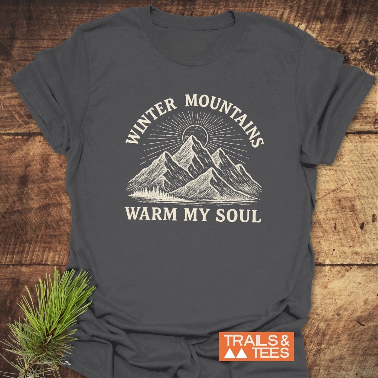 Winter Mountains T-Shirt with white mountain graphic and text WINTER MOUNTAINS, WARM MY SOUL, featuring Trails & Tees logo and pine sprig, showcasing outdoorsy design on dark gray cotton.