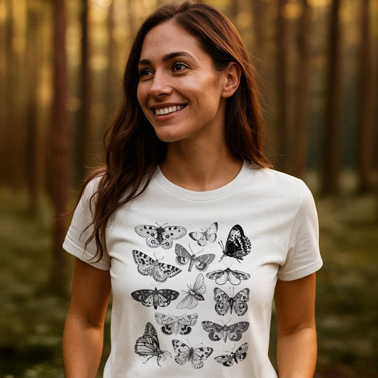Young woman in a forest wearing the Vintage Butterfly Tattoo T-Shirt, featuring black-and-white butterfly illustrations. Ideal for nature lovers, this shirt blends outdoor style with comfort and personality.