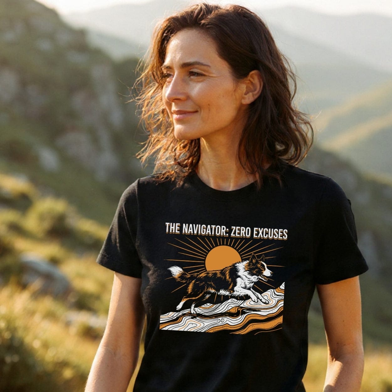 A woman stands in a hilly landscape at golden hour, wearing The Navigator Dog Lover T-Shirt, featuring a Border Collie graphic over contour lines, styled for comfort and outdoor enthusiasts.