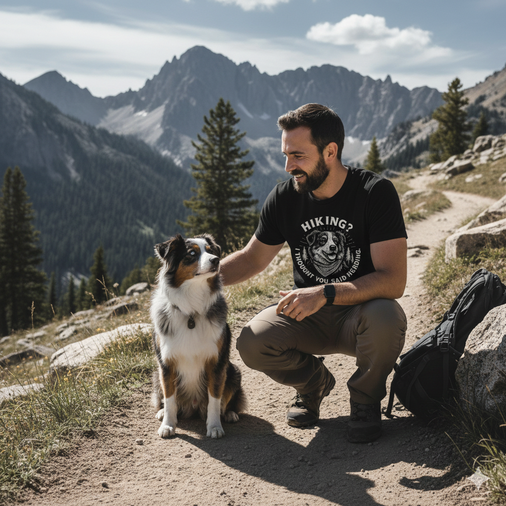 Man crouching on a mountain trail with an Australian Shepherd, wearing a Hiking? Australian Shepherd T-Shirt, showcasing its outdoor-ready, soft ring-spun cotton design, perfect for adventure enthusiasts.